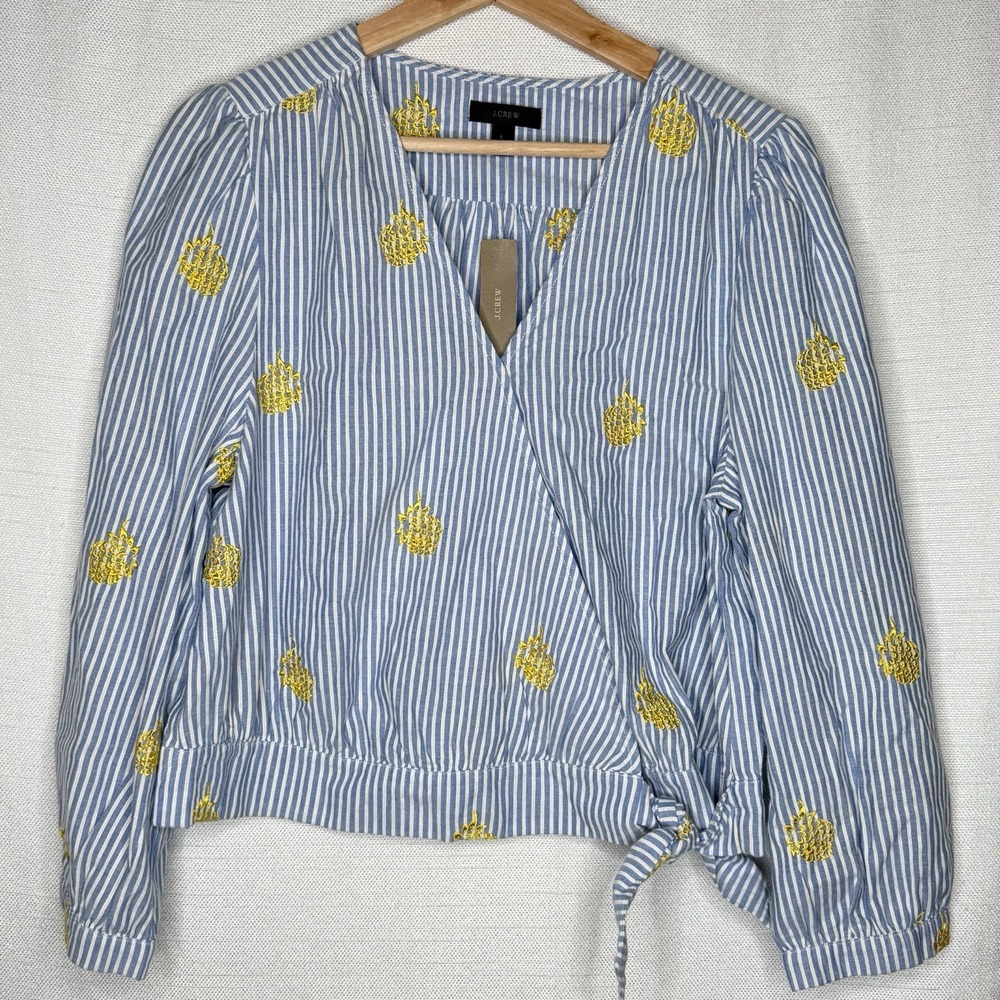 J Crew Blue Stripe Wrap Top Womens L Embroidered Pineapple Cotton Coastal‎ NWT